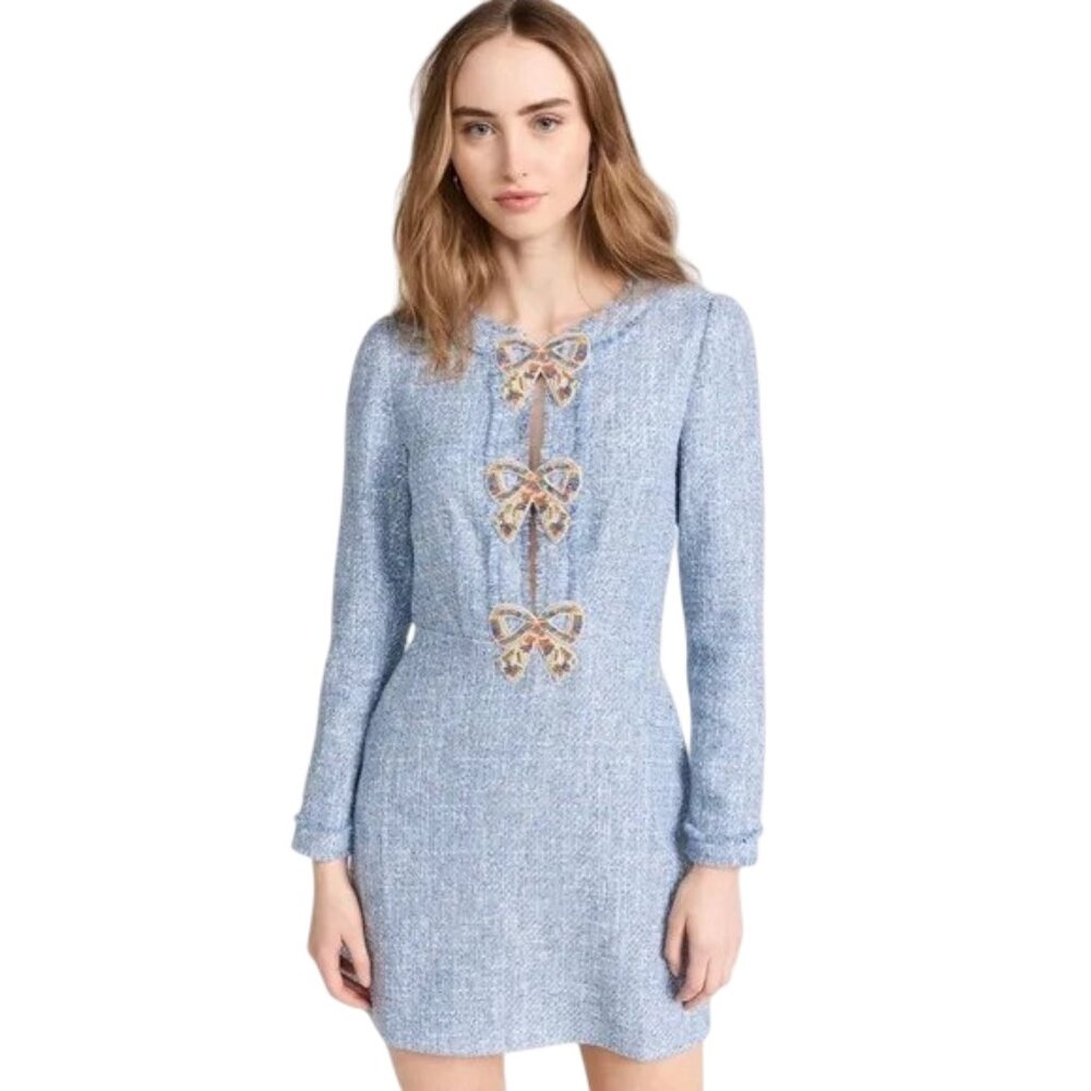 Saloni Baby Blue Camille Bows Short B Dress Size 8 Virgin Wool Blend DR-1615